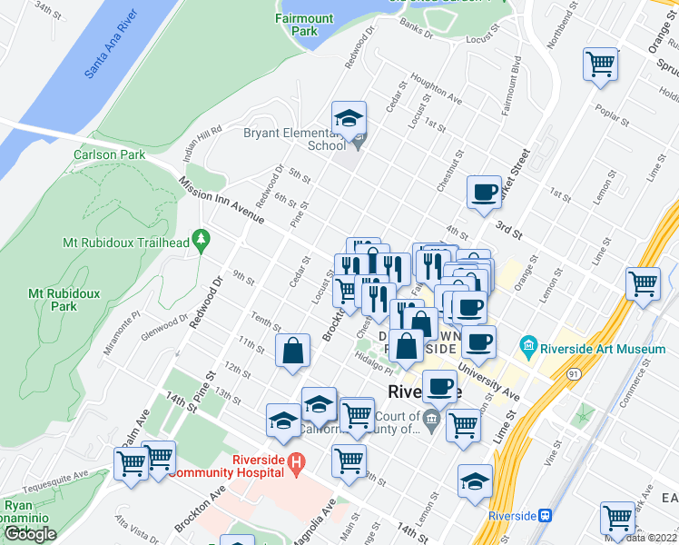 map of restaurants, bars, coffee shops, grocery stores, and more near 4178 Mission Inn Avenue in Riverside