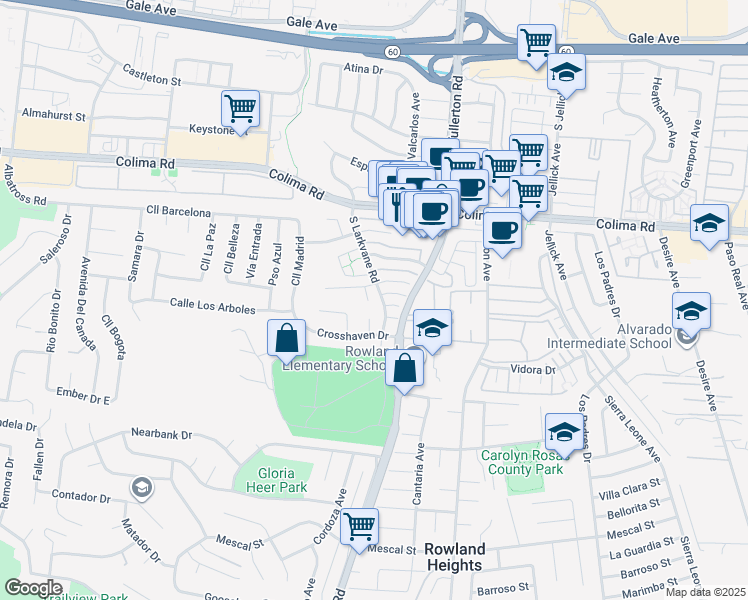 map of restaurants, bars, coffee shops, grocery stores, and more near 1912 Tomas Court in Rowland Heights
