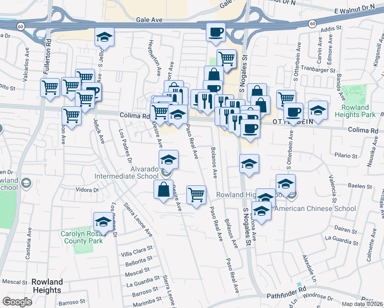 map of restaurants, bars, coffee shops, grocery stores, and more near 18818 Pilario Street in Rowland Heights