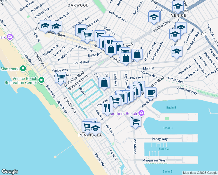 map of restaurants, bars, coffee shops, grocery stores, and more near 2433 McKinley Avenue in Los Angeles
