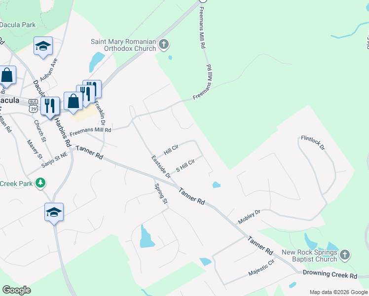 map of restaurants, bars, coffee shops, grocery stores, and more near 2882 Hill Circle in Dacula