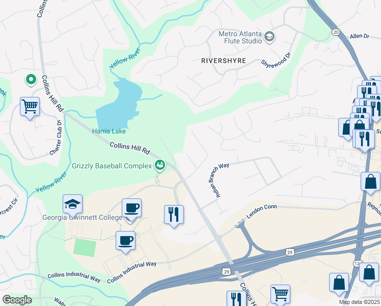 map of restaurants, bars, coffee shops, grocery stores, and more near 177 Gregory Trail in Lawrenceville