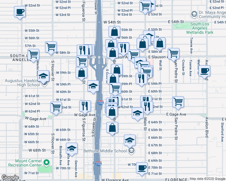 map of restaurants, bars, coffee shops, grocery stores, and more near 5966 South Broadway in Los Angeles