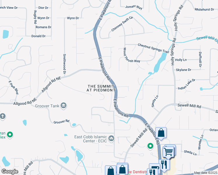 map of restaurants, bars, coffee shops, grocery stores, and more near 1273 Promontory Lane Northeast in Marietta