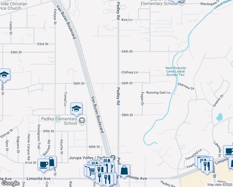 map of restaurants, bars, coffee shops, grocery stores, and more near 5665 Pedley Road in Riverside