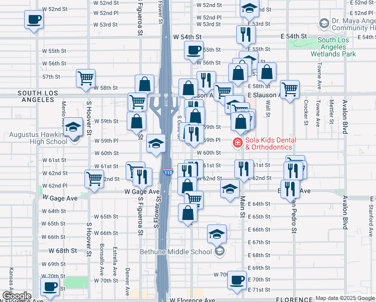 map of restaurants, bars, coffee shops, grocery stores, and more near 5975 South Broadway in Los Angeles