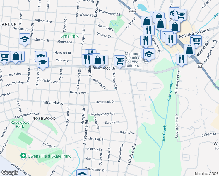 map of restaurants, bars, coffee shops, grocery stores, and more near 3849 Barwick Street in Columbia