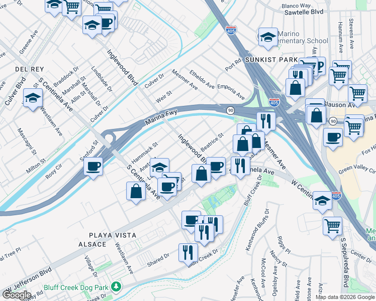 map of restaurants, bars, coffee shops, grocery stores, and more near 11960 Lucile Street in Culver City