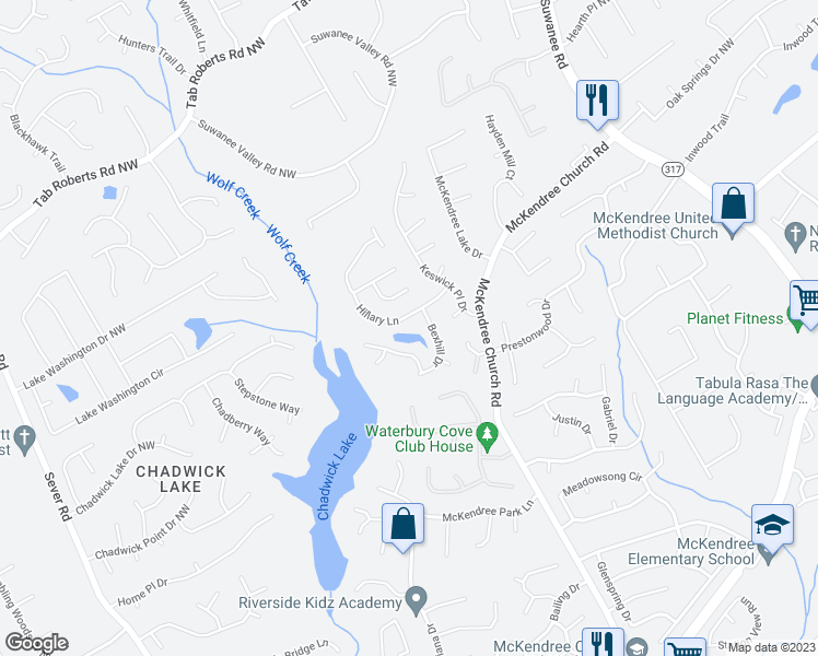 map of restaurants, bars, coffee shops, grocery stores, and more near 950 Hillary Lane in Lawrenceville