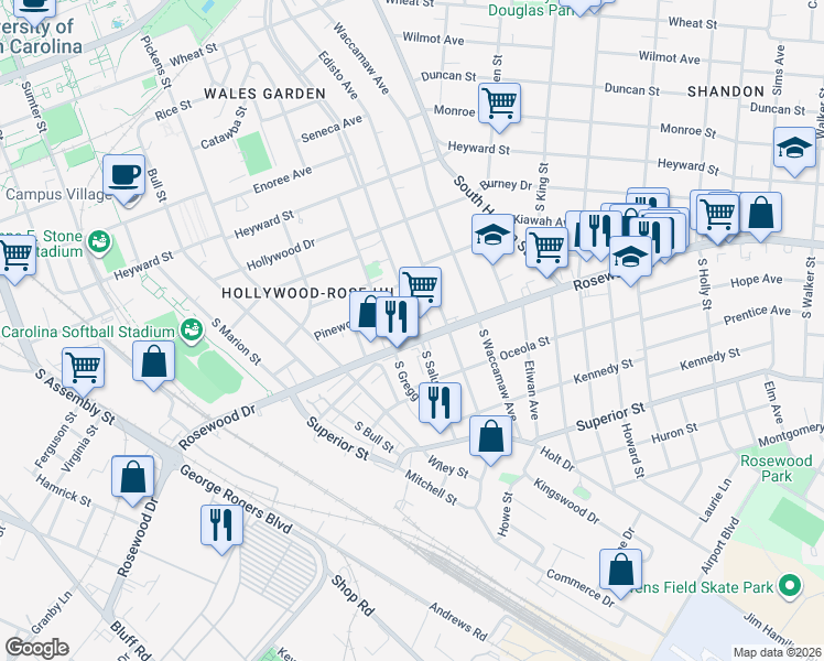 map of restaurants, bars, coffee shops, grocery stores, and more near 321 South Saluda Avenue in Columbia