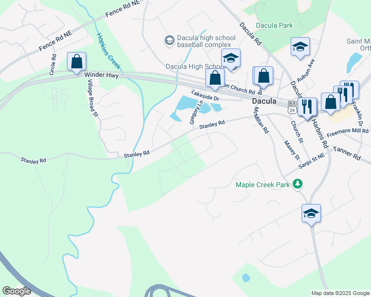 map of restaurants, bars, coffee shops, grocery stores, and more near 2638 Argento Circle in Dacula