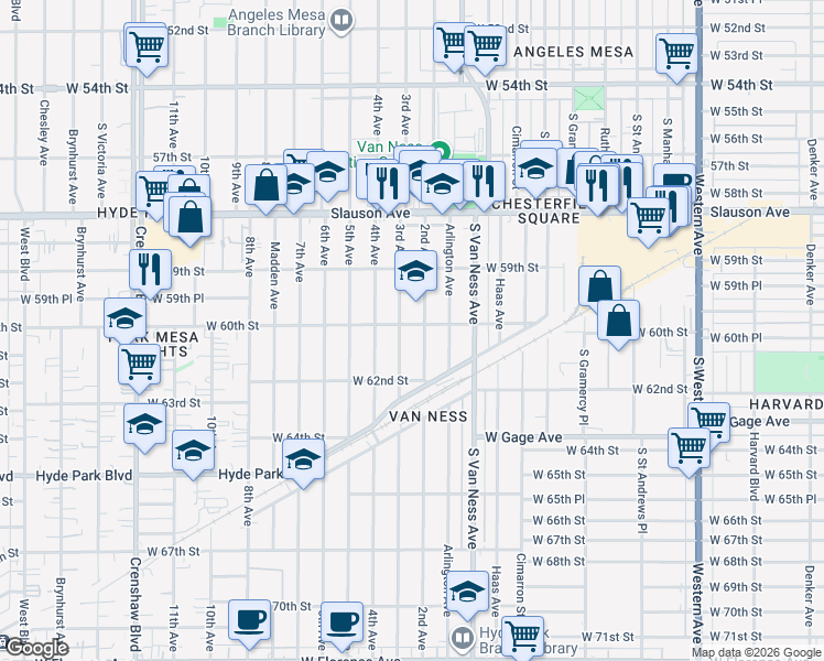 map of restaurants, bars, coffee shops, grocery stores, and more near 6001 2nd Avenue in Los Angeles