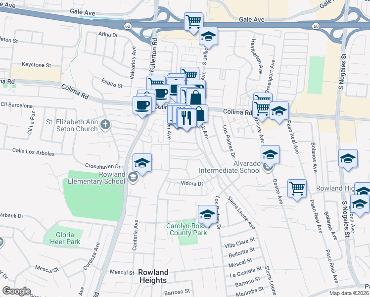 map of restaurants, bars, coffee shops, grocery stores, and more near 1850 Batson Avenue in Rowland Heights