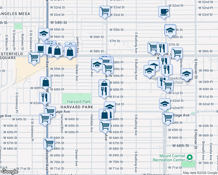 map of restaurants, bars, coffee shops, grocery stores, and more near 6001 Normandie Avenue in Los Angeles