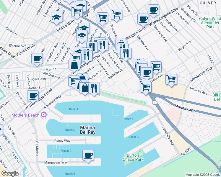 map of restaurants, bars, coffee shops, grocery stores, and more near 952 Princeton Drive in Marina del Rey