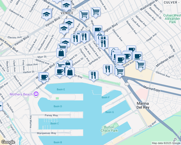 map of restaurants, bars, coffee shops, grocery stores, and more near 952 Princeton Drive in Marina del Rey