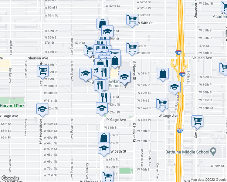 map of restaurants, bars, coffee shops, grocery stores, and more near 916 West 60th Street in Los Angeles
