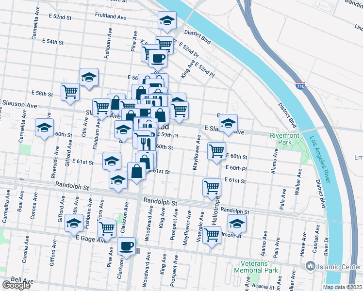 map of restaurants, bars, coffee shops, grocery stores, and more near 5968 King Avenue in Maywood