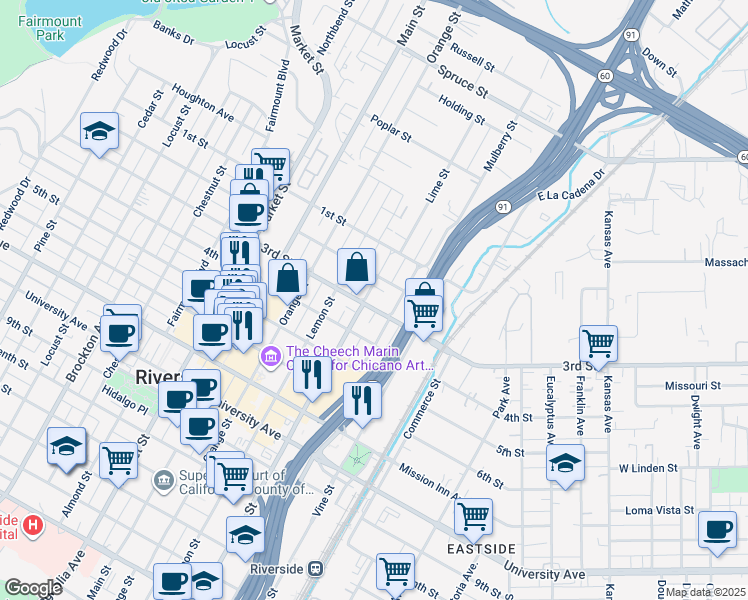 map of restaurants, bars, coffee shops, grocery stores, and more near 3276 Lime Street in Riverside