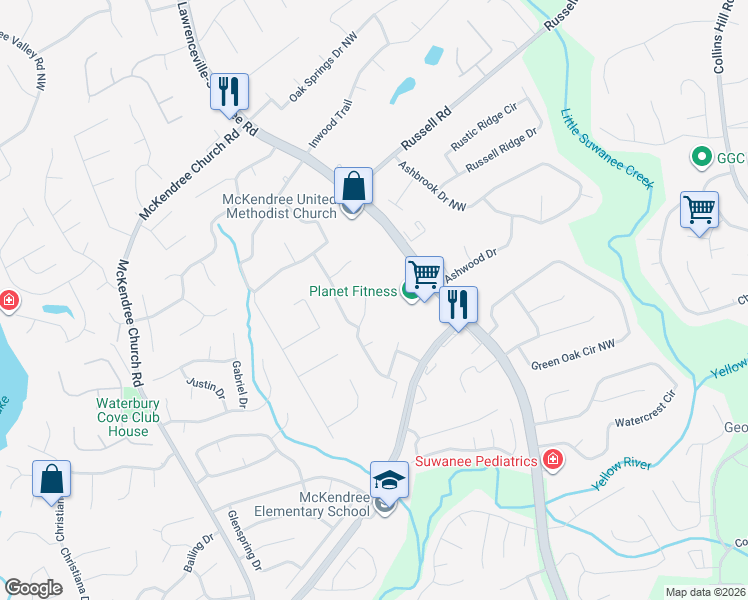 map of restaurants, bars, coffee shops, grocery stores, and more near 1539 Stampmill Way Northwest in Lawrenceville