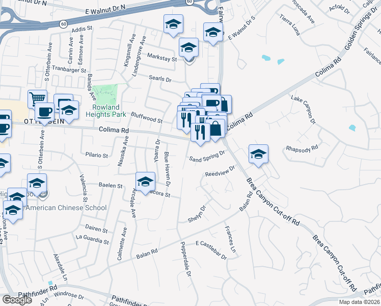 map of restaurants, bars, coffee shops, grocery stores, and more near 1728 Pepperdale Drive in Rowland Heights