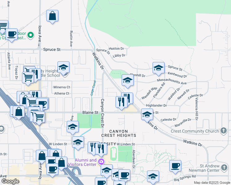 map of restaurants, bars, coffee shops, grocery stores, and more near 770 Prescott Way in Riverside