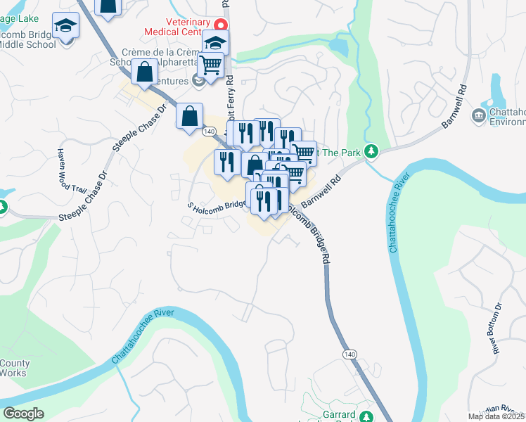 map of restaurants, bars, coffee shops, grocery stores, and more near 8480 Holcomb Bridge Road in Alpharetta