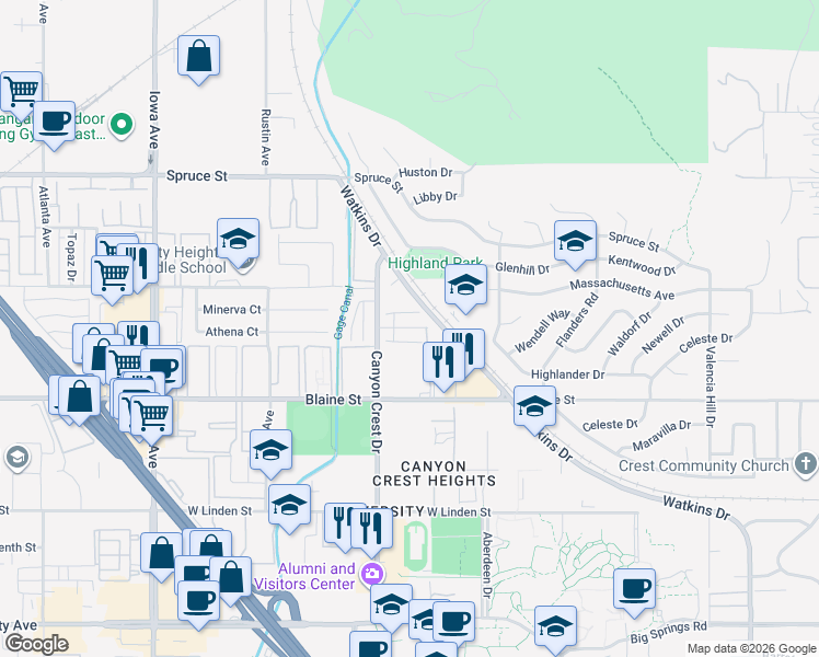 map of restaurants, bars, coffee shops, grocery stores, and more near 851 Prescott Way in Riverside
