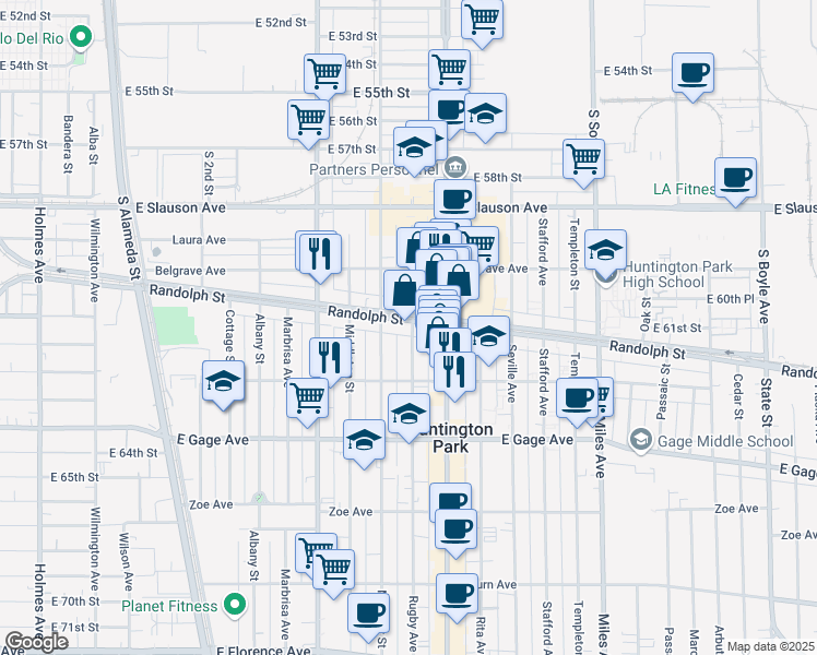 map of restaurants, bars, coffee shops, grocery stores, and more near 2530 Randolph Street in Huntington Park