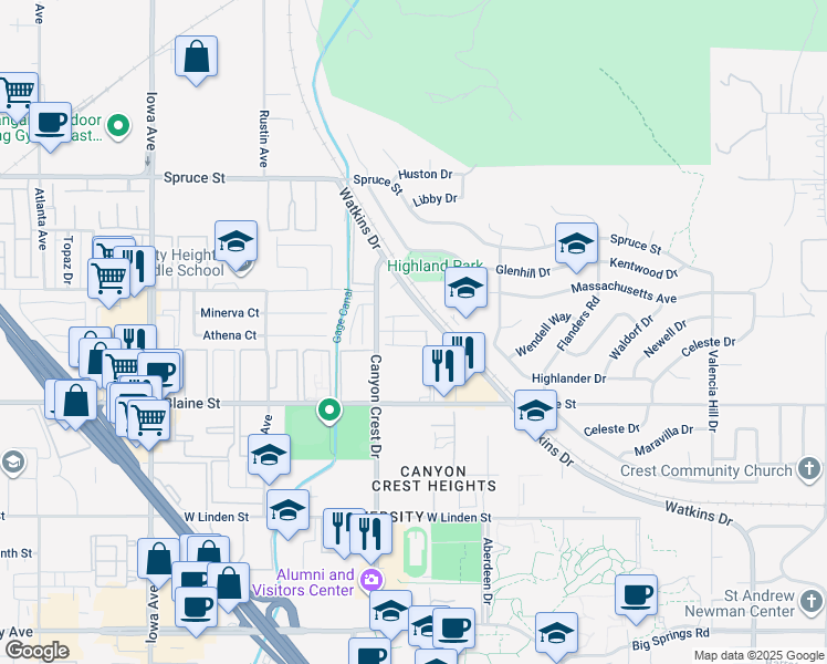 map of restaurants, bars, coffee shops, grocery stores, and more near 851 Prescott Way in Riverside