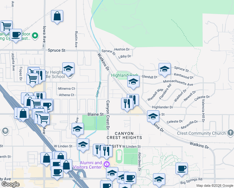 map of restaurants, bars, coffee shops, grocery stores, and more near 851 Prescott Way in Riverside