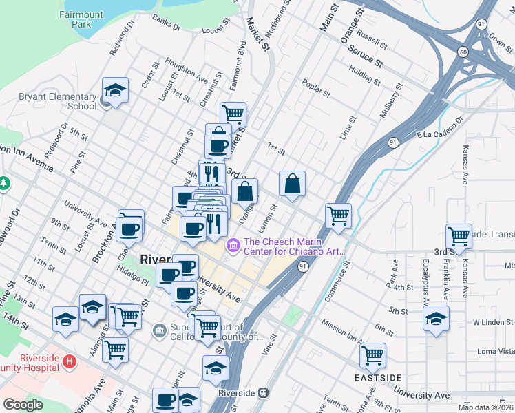 map of restaurants, bars, coffee shops, grocery stores, and more near 3370 Orange Street in Riverside