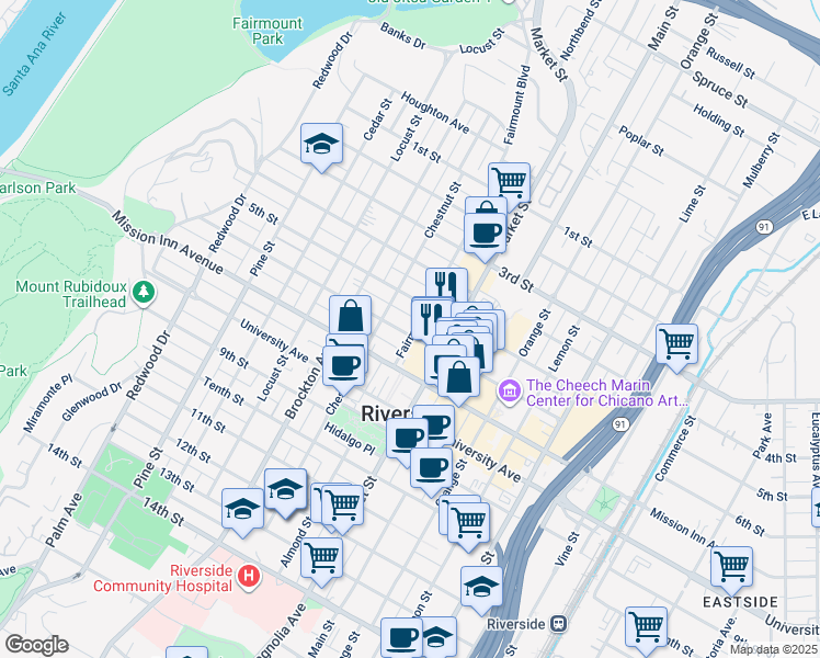 map of restaurants, bars, coffee shops, grocery stores, and more near 3540 Fairmount Boulevard in Riverside