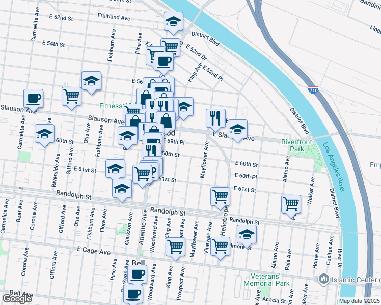 map of restaurants, bars, coffee shops, grocery stores, and more near 4650 East 59th Place in Maywood