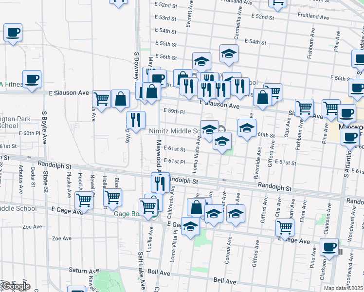 map of restaurants, bars, coffee shops, grocery stores, and more near 3628 East 60th Place in Huntington Park
