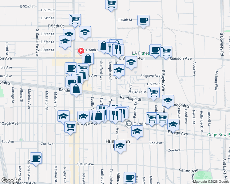 map of restaurants, bars, coffee shops, grocery stores, and more near 6059 Miles Avenue in Huntington Park