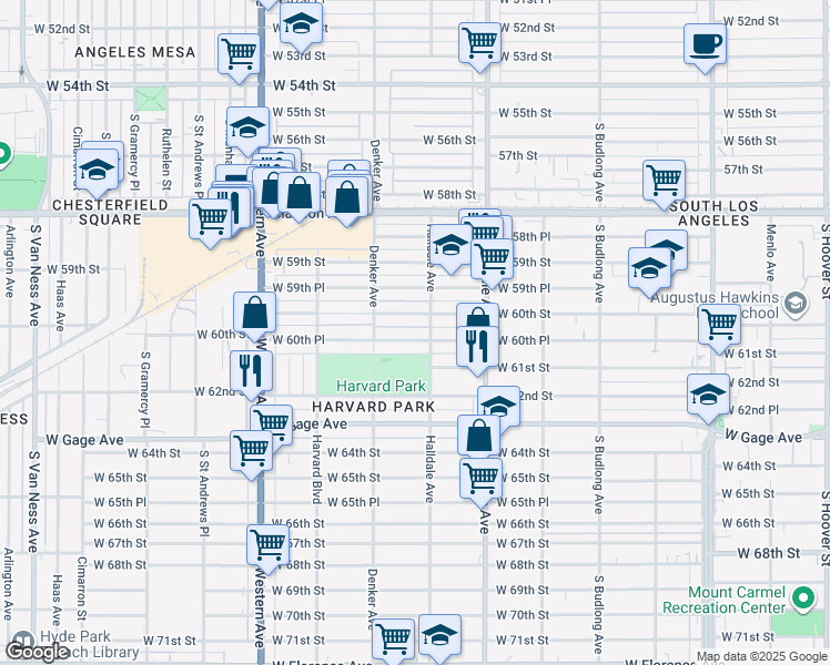 map of restaurants, bars, coffee shops, grocery stores, and more near 1528 West 60th Street in Los Angeles