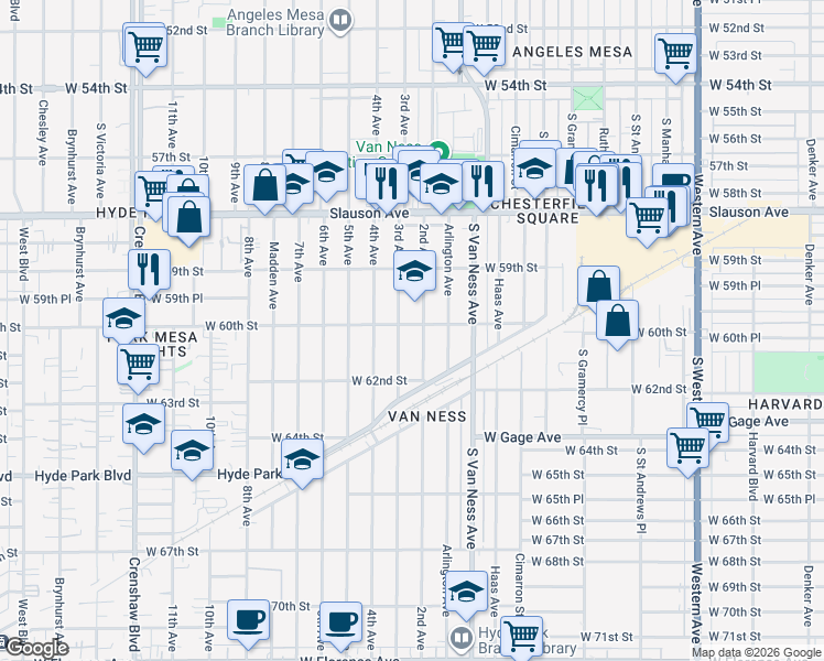 map of restaurants, bars, coffee shops, grocery stores, and more near 6001 2nd Avenue in Los Angeles