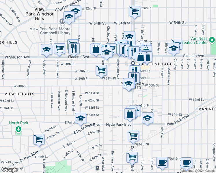map of restaurants, bars, coffee shops, grocery stores, and more near 5974 West Boulevard in Los Angeles
