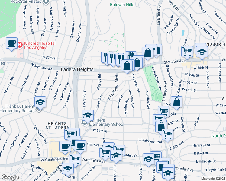 map of restaurants, bars, coffee shops, grocery stores, and more near 5003 West 59th Street in Los Angeles