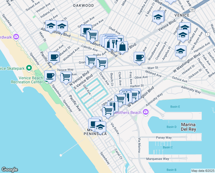 map of restaurants, bars, coffee shops, grocery stores, and more near 2403 Ocean Avenue in Los Angeles