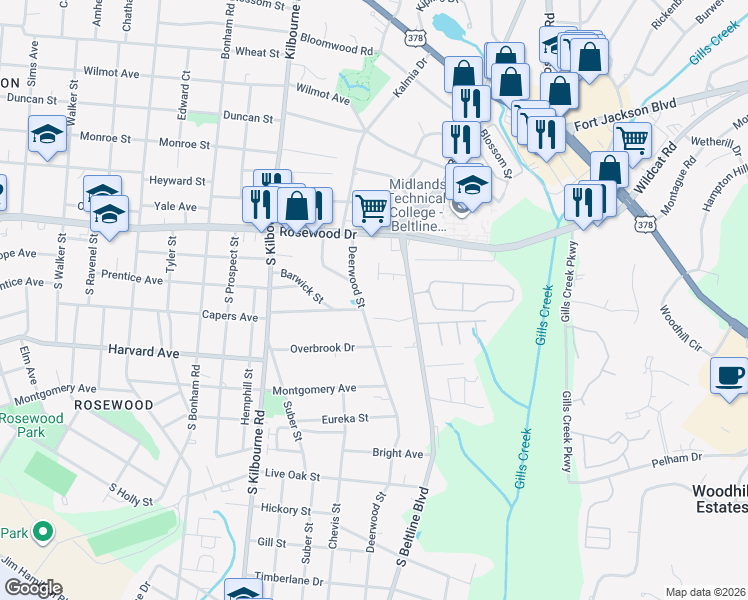 map of restaurants, bars, coffee shops, grocery stores, and more near 402 South Beltline Boulevard in Columbia