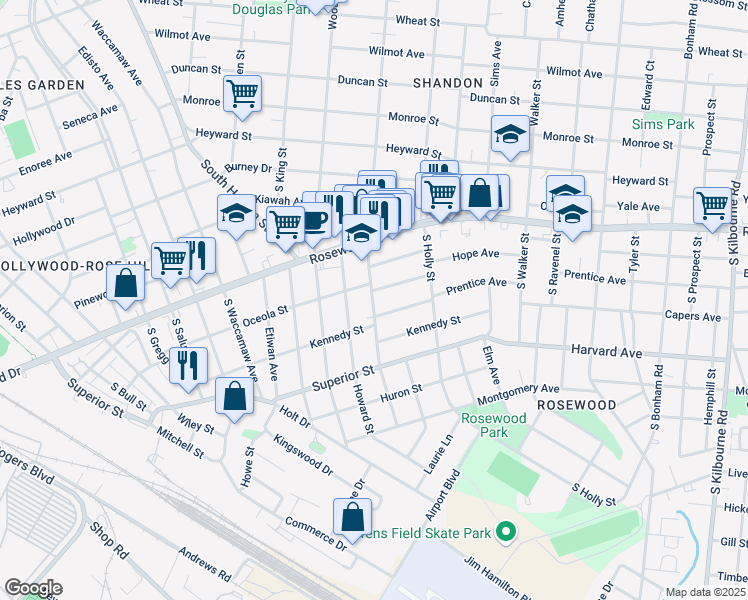map of restaurants, bars, coffee shops, grocery stores, and more near 505 South Maple Street in Columbia