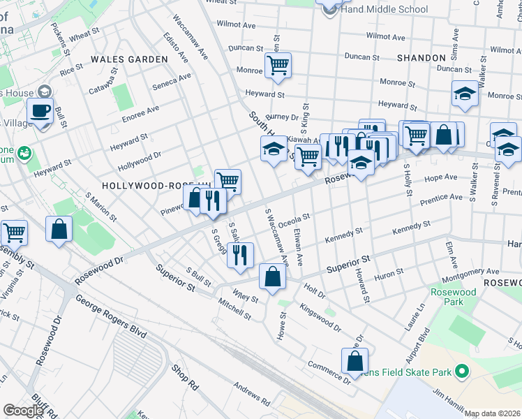 map of restaurants, bars, coffee shops, grocery stores, and more near 401 South Waccamaw Avenue in Columbia