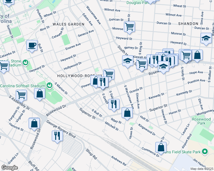 map of restaurants, bars, coffee shops, grocery stores, and more near 321 South Saluda Avenue in Columbia
