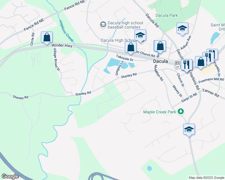 map of restaurants, bars, coffee shops, grocery stores, and more near 2638 Argento Circle in Dacula