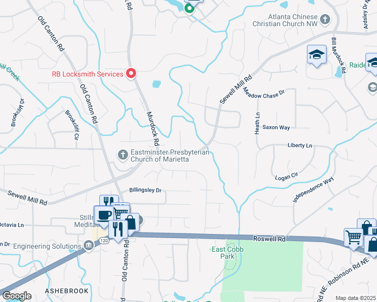 map of restaurants, bars, coffee shops, grocery stores, and more near 3267 Sewell Mill Road in Marietta
