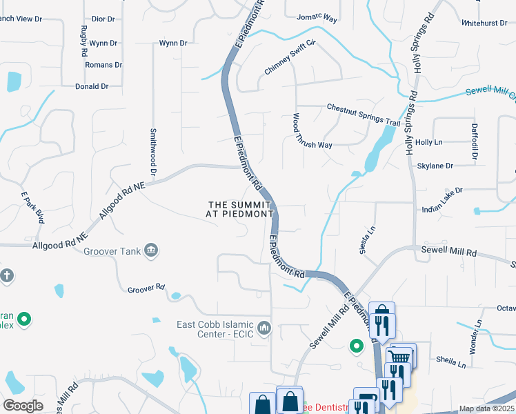 map of restaurants, bars, coffee shops, grocery stores, and more near 1273 Promontory Lane Northeast in Marietta