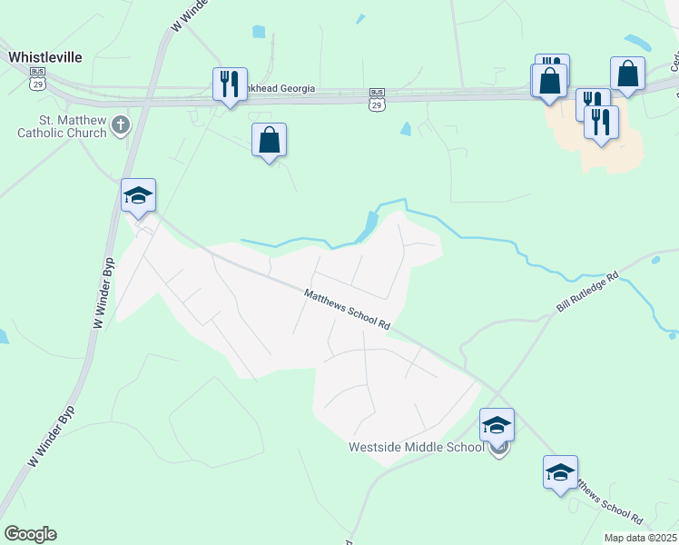 map of restaurants, bars, coffee shops, grocery stores, and more near 344 Glenmoor Place in Winder