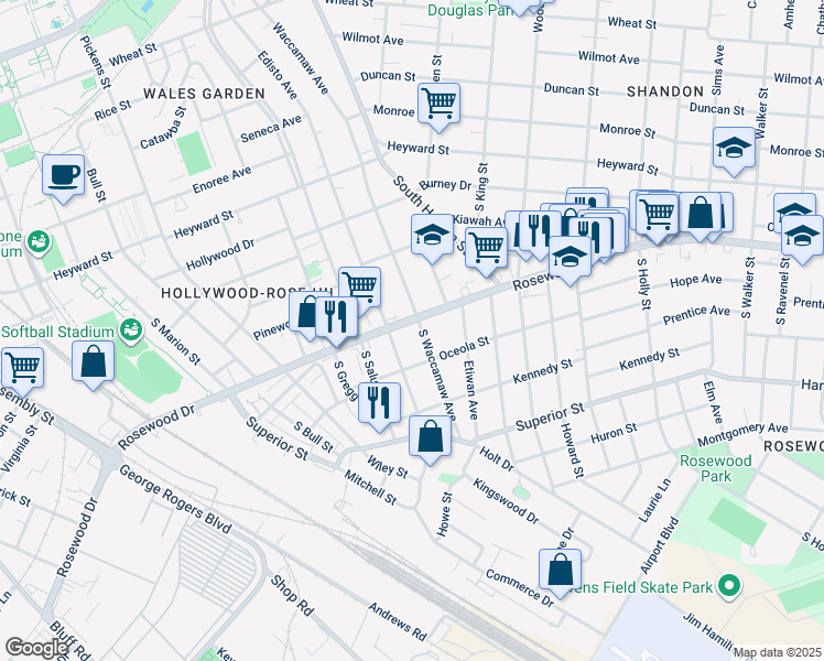 map of restaurants, bars, coffee shops, grocery stores, and more near 401 South Waccamaw Avenue in Columbia